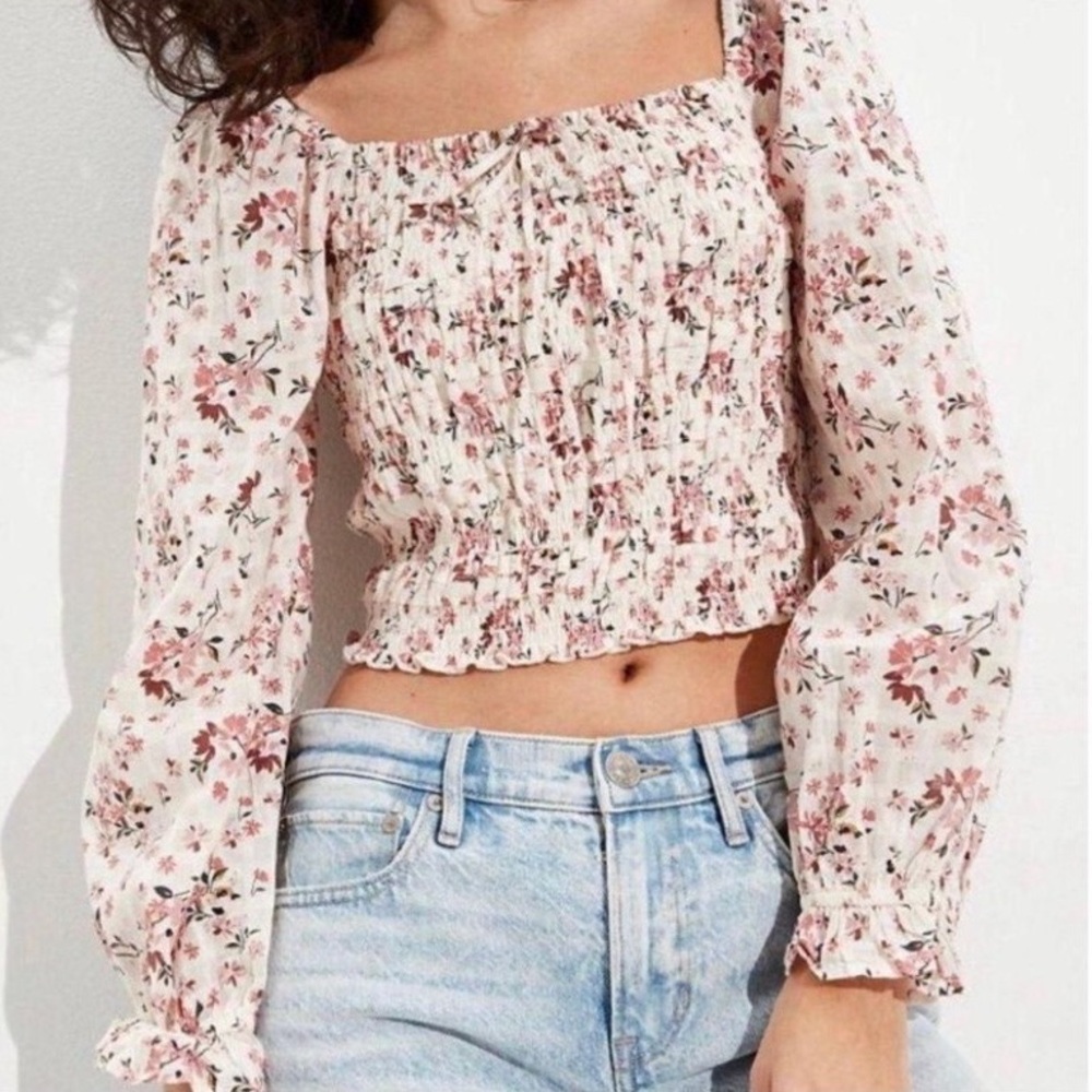 American Eagle | Floral Smocked Puff Sleeve Crop Top Size L